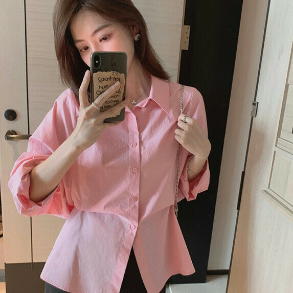 Waist pinched pleated shirt women's long-sleeved Spring and Autumn (pink [size S_L] (contact customer service to confirm the shipping size after placing an order)