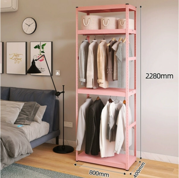 Hot selling iron color combination cabinet wardrobe coat rack multi-layer storage cabinet [80x40x228cm] double layer hanging clothes + 2 layers pink