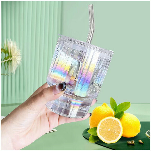 Fashion Laser Milk Juice Straw Glass, Water Cup, Teacup, Coffee Cup (Vertical Pattern + Transparent Lid + Transparent Straw 301mL (Inclusive)-400mL (Inclusive))