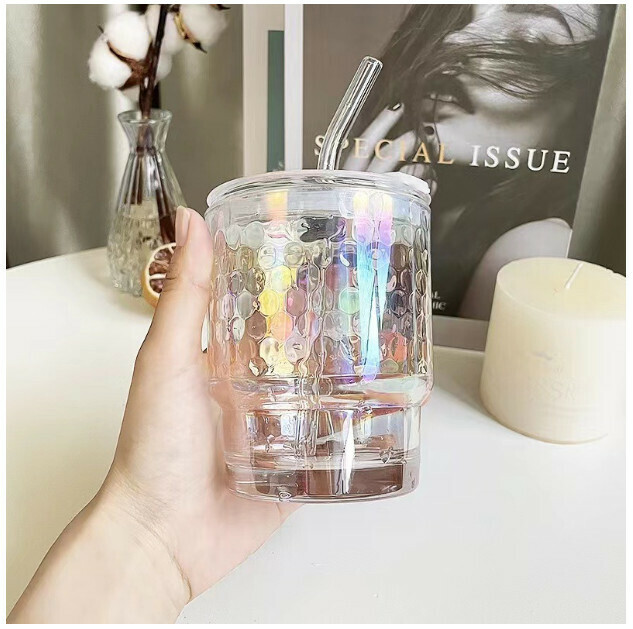 Fashionable laser milk juice straw glass, water cup, teacup, coffee cup (honeycomb + transparent lid + transparent straw 301mL (included)-400mL (included))