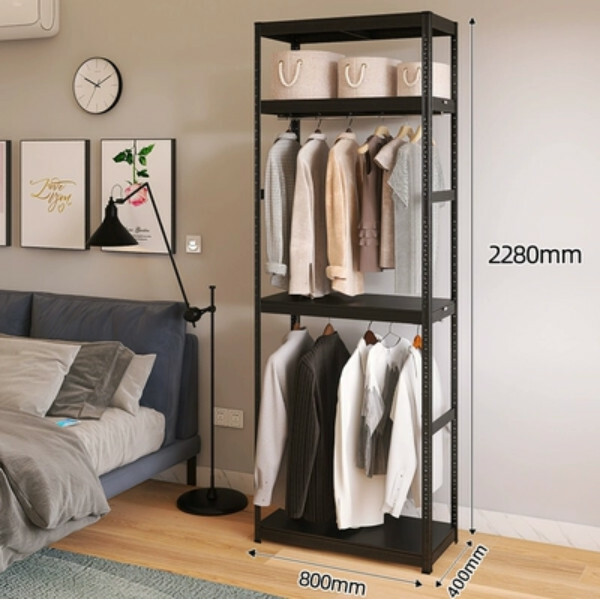 Hot selling iron color combination cabinet wardrobe coat rack multi-layer storage cabinet [80x40x228cm] double layer hanging clothes + 2 layers black