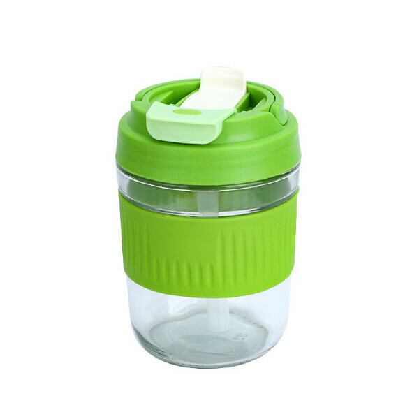 Portable Double Drinking Cup, Glass Straw Cup, Direct Drinking Juice Milk Tea Cup(Fresh Green Short Cup Silicone Straw, Capacity: 401-500ml)