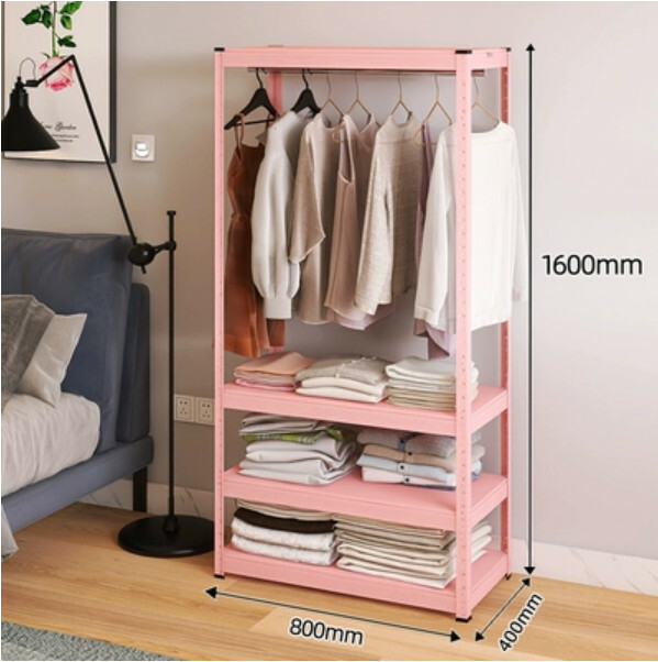 Hot selling iron color combination cabinet wardrobe coat rack multi-layer storage cabinet [80x40x160cm] single layer hanging clothes + 3 layers pink
