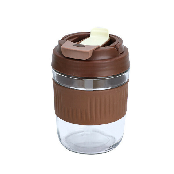 Portable double drinking cups, glass straw cups, direct drinking juice milk tea cups (stable khaki short cup silicone straws, capacity 401-500ml)