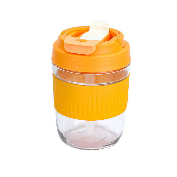 Portable Double Drink Cup, Glass Straw Cup, Direct Drink Juice Milk Tea Cup(Vitality Orange and Yellow Small Cup Silicone Straw, Capacity: 401-500ml)