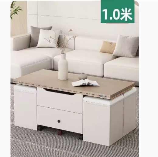 Hot selling multifunctional coffee table combination, dining table coffee table computer table makeup table multi-purpose lifting and folding removable installation-free (maple board + cream + 4 storage chairs) 100x50cm