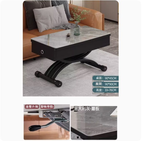 Hot selling lifting coffee table dining table combination, dining table coffee table computer table makeup table multi-purpose lifting and folding removable installation-free (glossy slate + Italian gray + pine board + 2 drawers) 90x45cm