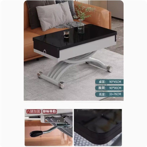 Hot selling lifting coffee table dining table combination, dining table coffee table computer table makeup table multi-purpose lifting and folding removable installation-free (glass + black glass + pine board + 2 drawers) 90x45cm