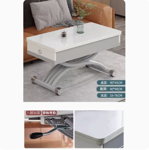 Hot selling lifting coffee table dining table combination, dining table coffee table computer table makeup table multi-purpose lifting and folding removable installation-free (glass + white glass + pine board + 2 drawers) 90x45cm
