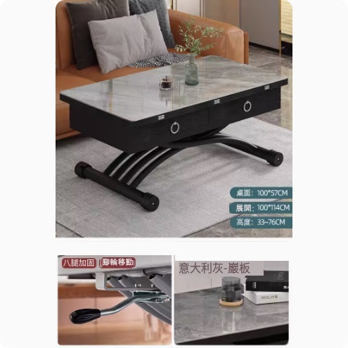 Hot selling lifting coffee table dining table combination, dining table coffee table computer table makeup table multi-purpose lifting and folding removable installation-free (glossy slate + Italian gray + pine board + 4 drawers) 100x57cm