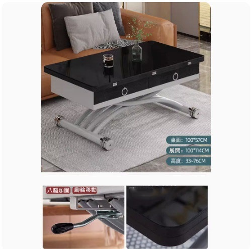 Hot selling lifting coffee table dining table combination, dining table coffee table computer table makeup table multi-purpose lifting and folding removable installation-free (glass + black glass + pine board + 4 drawers) 100x57cm