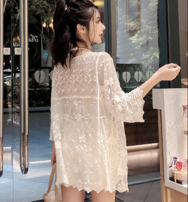 新款度假海邊性感蕾絲防曬開衫(杏色）（均碼）