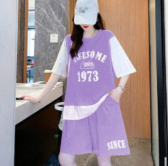 激抵假兩件休閒運動服套裝【紫色】 (尺碼：M-4XL碼) (下單後聯繫客服確認發貨尺碼)