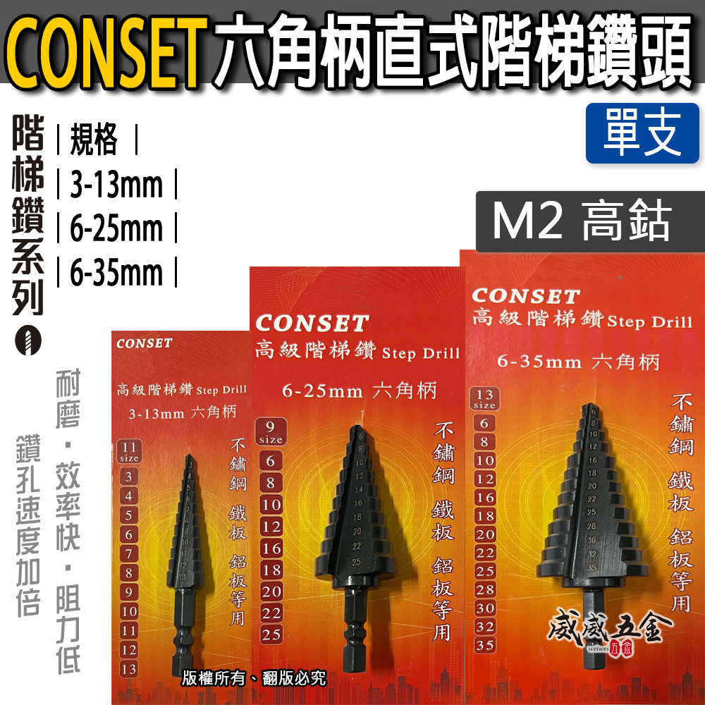 單支｜CONSET｜HSS M2 六角軸直式階梯鑽｜HSS 六角柄鍍鈦階梯鑽尾 白鐵不鏽鋼用 階梯鑽頭