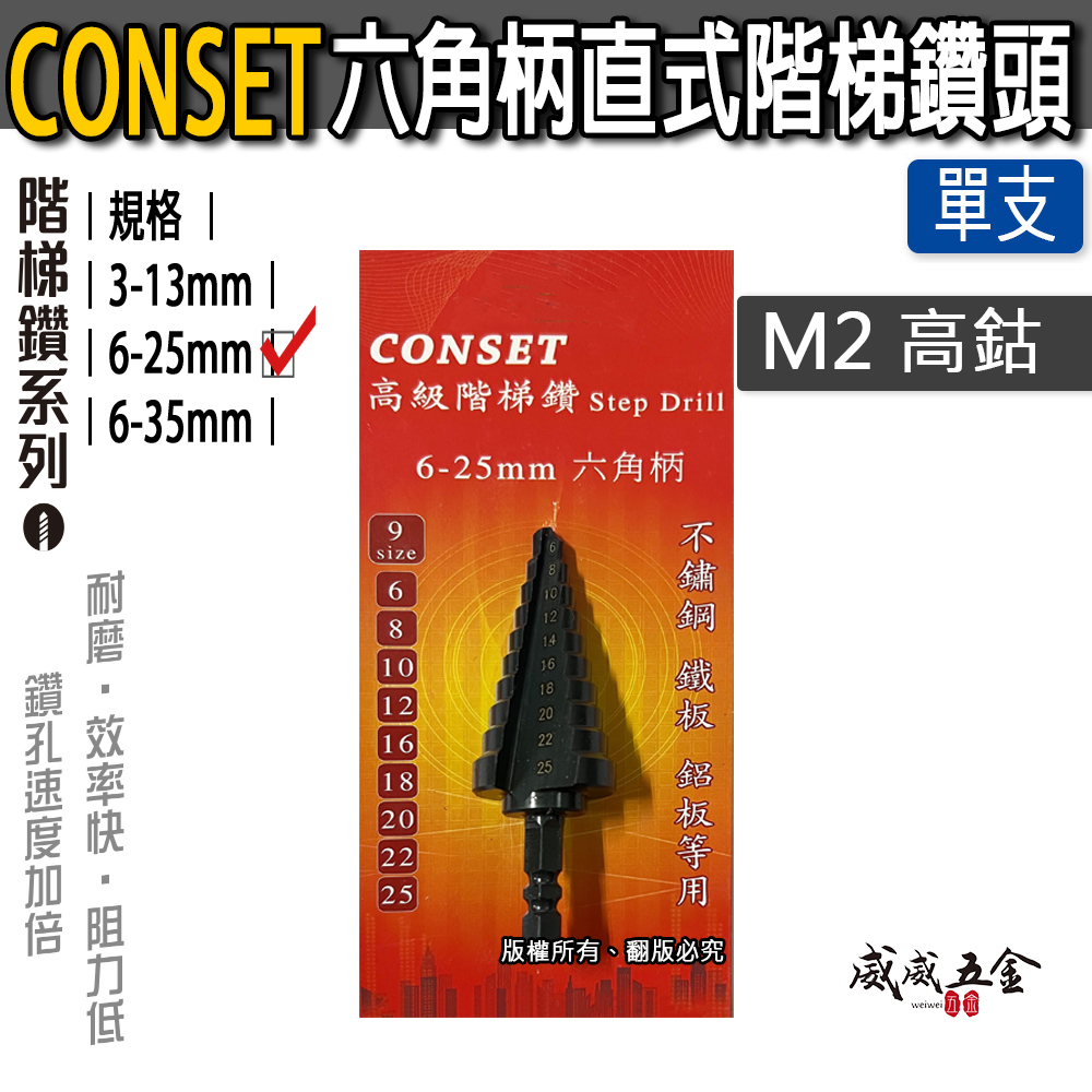 單支｜CONSET｜HSS M2 六角軸直式階梯鑽｜HSS 六角柄鍍鈦階梯鑽尾 白鐵不鏽鋼用 階梯鑽頭