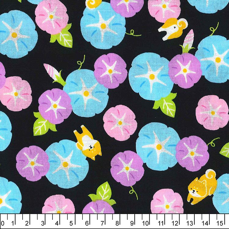 進口棉布R24050003(一尺)牽牛花與柴犬_黑底