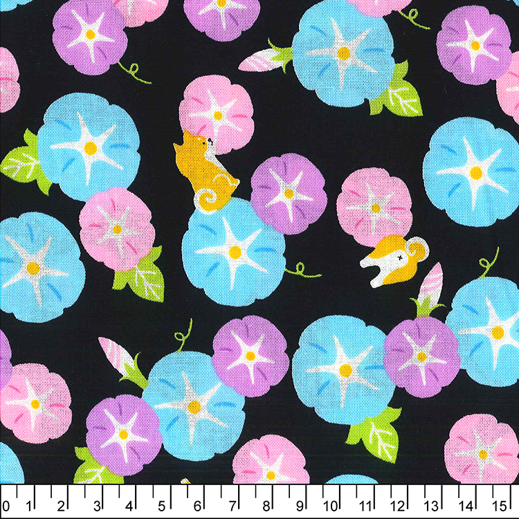 進口棉布R24050003(一尺)牽牛花與柴犬_黑底