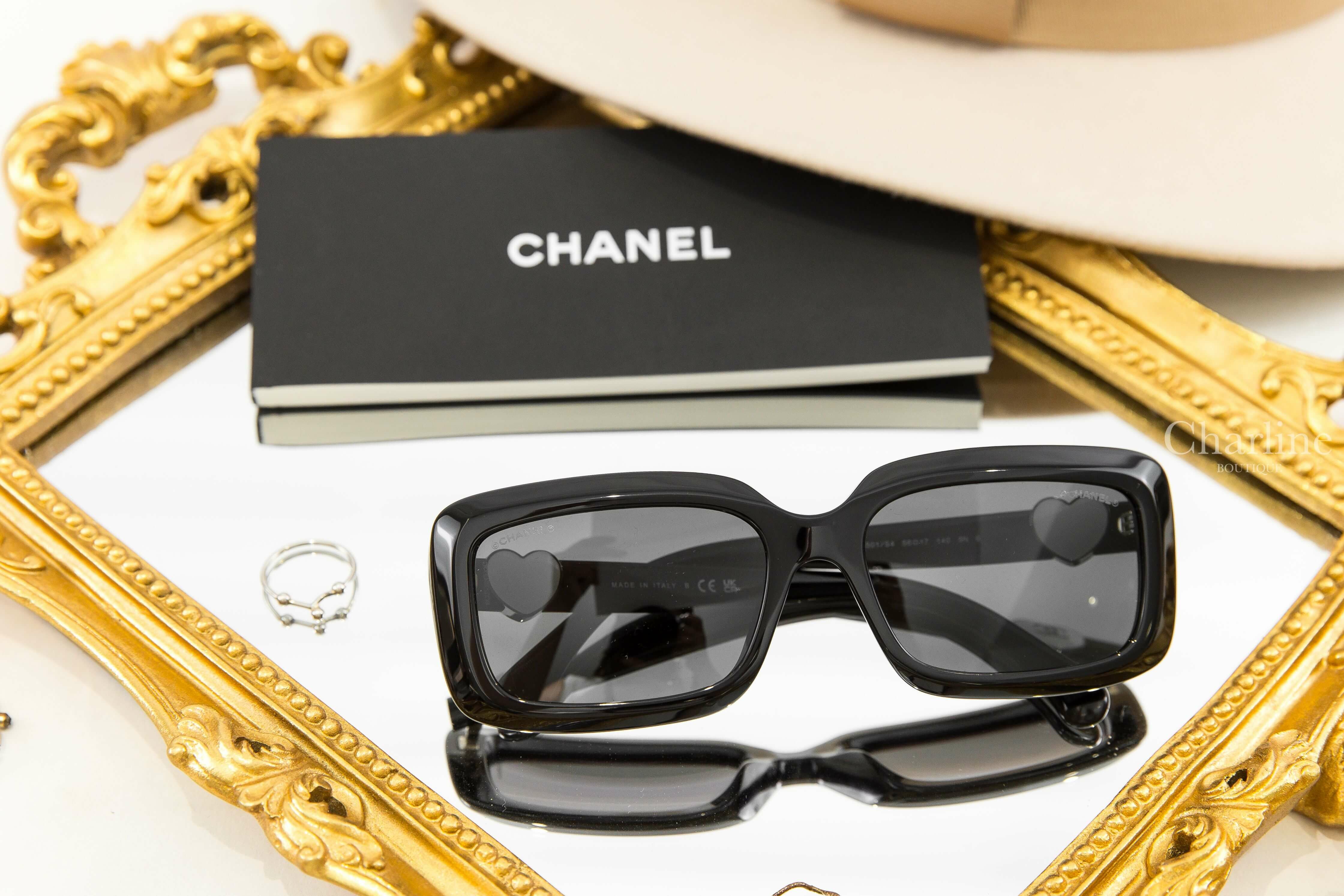 Chanel Rectangle Sunglasses 黑色方框灰色鏡片側邊白底愛心銀色CC太陽眼鏡-Charline Boutique 精品代購