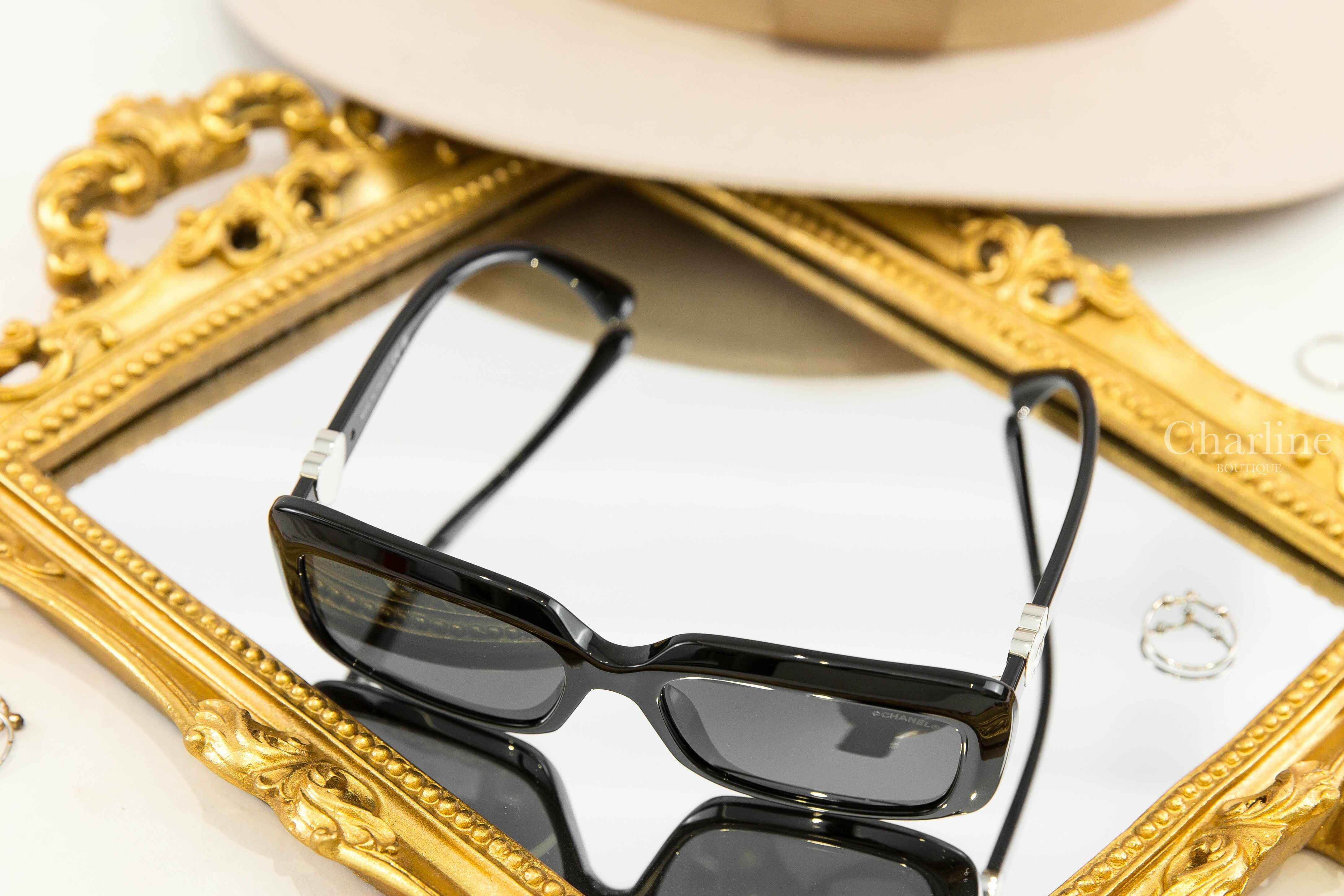 Chanel Rectangle Sunglasses 黑色方框灰色鏡片側邊白底愛心銀色CC太陽眼鏡-Charline Boutique 精品代購