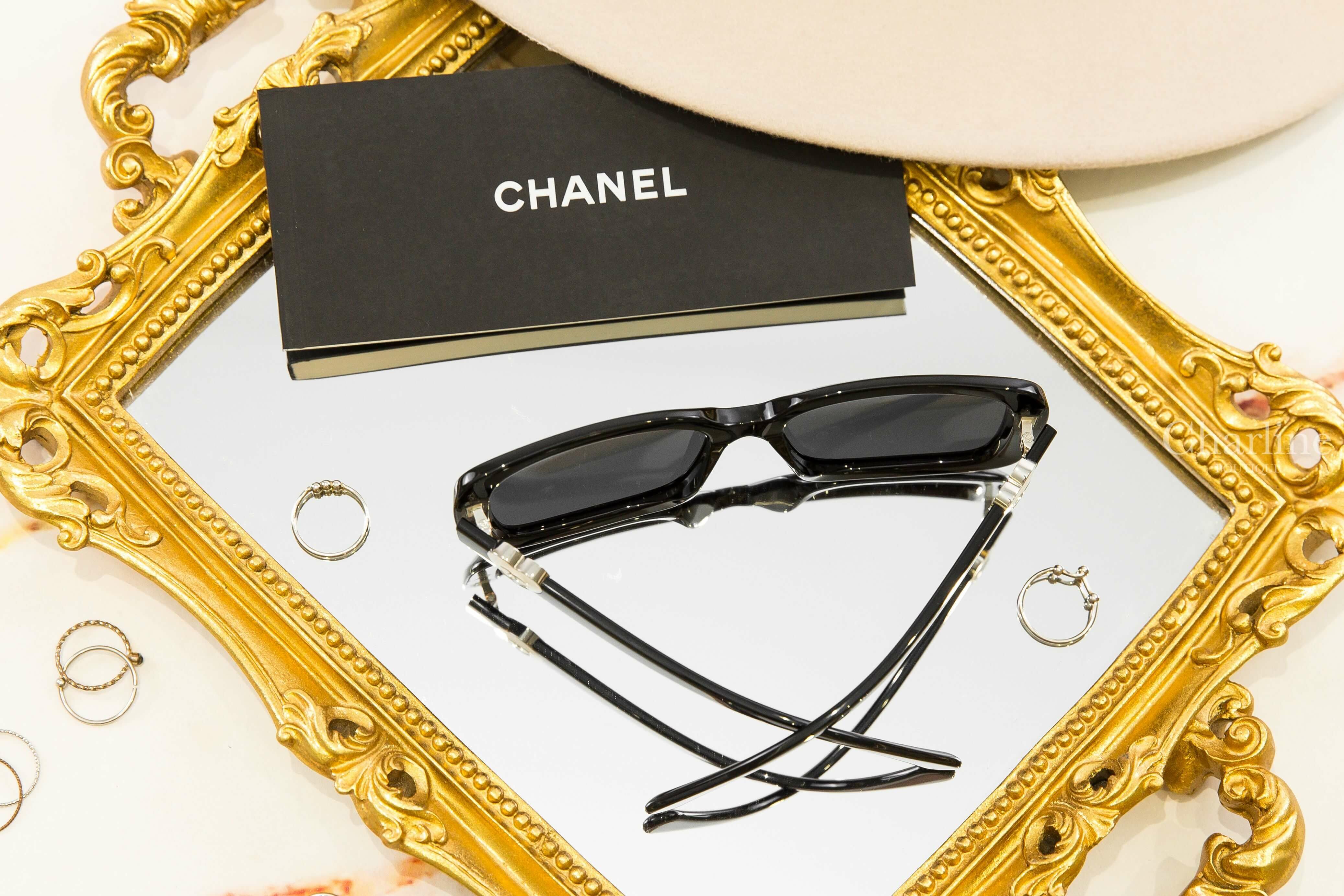 Chanel Rectangle Sunglasses 黑色方框灰色鏡片側邊白底愛心銀色CC太陽眼鏡-Charline Boutique 精品代購