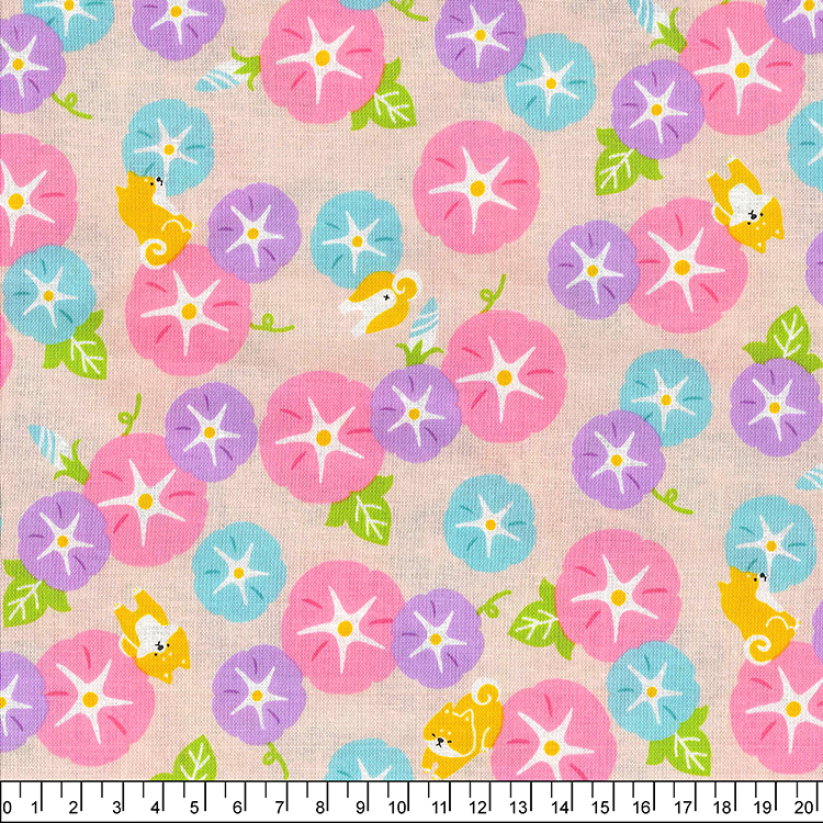 進口棉布R24050004(一尺)牽牛花與柴犬_粉底