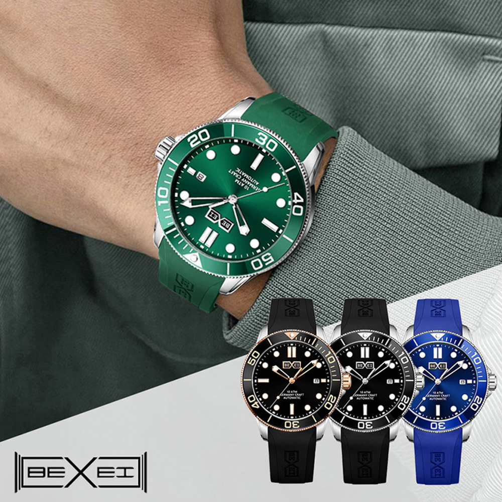 【BEXEI 貝克斯】 9062 三針 水鬼 防水系列 精緻時尚 旋轉式外圈設計 矽膠錶帶 自動機械錶 手錶