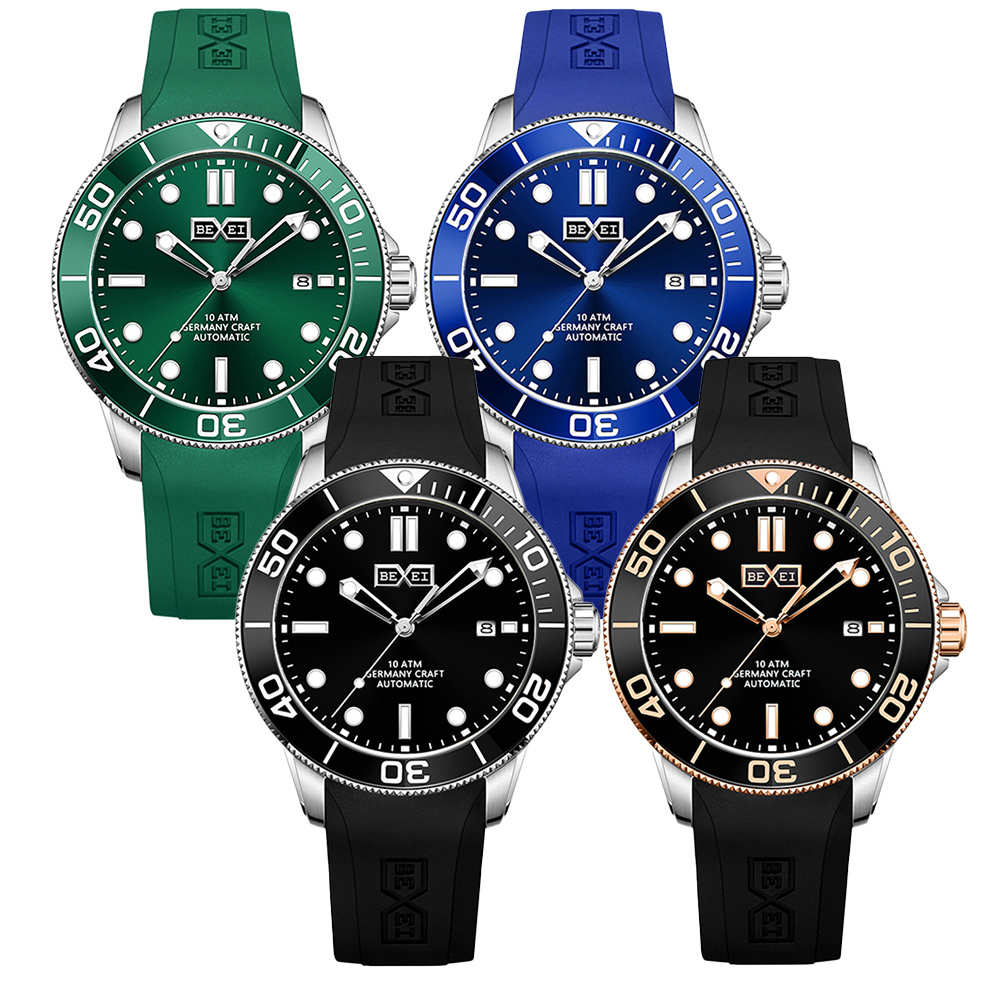 【BEXEI 貝克斯】 9062 三針 水鬼 防水系列 精緻時尚 旋轉式外圈設計 矽膠錶帶 自動機械錶 手錶