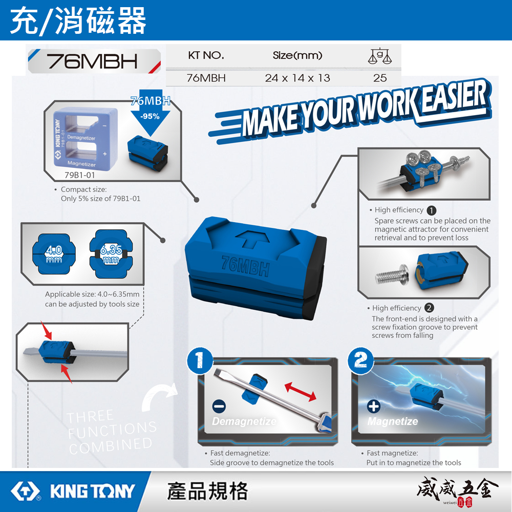 KING TONY 金統立｜配戴型充/消磁器 強力磁鐵包覆 三合一 充磁、消磁、磁吸螺絲｜76MBH｜台灣製