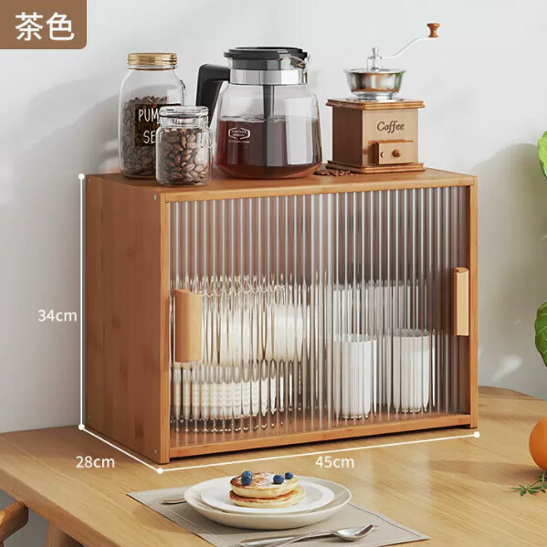 爆款楠竹實木家具 厨櫃 茶杯架 多層收納櫃【45cm+推拉門】茶色
