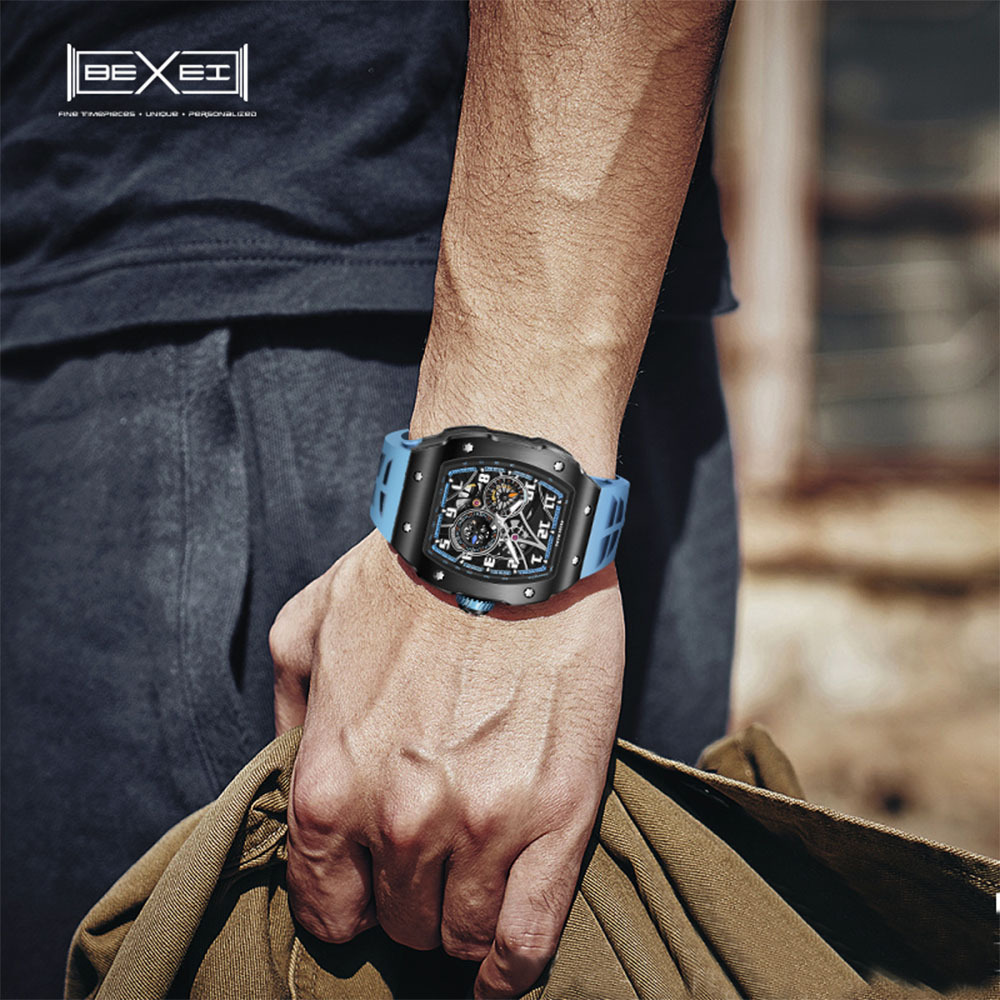 (預購)【BEXEI 貝克斯】9088 都市質感時尚 酒桶型 五星擺陀 鏤空錶盤 不鏽鋼 全自動機械錶 手錶