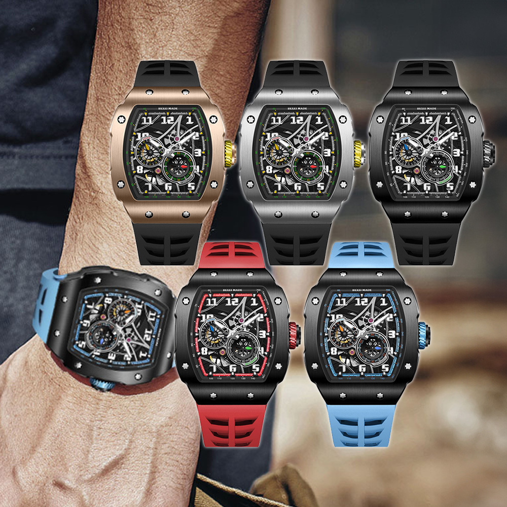 (預購)【BEXEI 貝克斯】9088 都市質感時尚 酒桶型 五星擺陀 鏤空錶盤 不鏽鋼 全自動機械錶 手錶