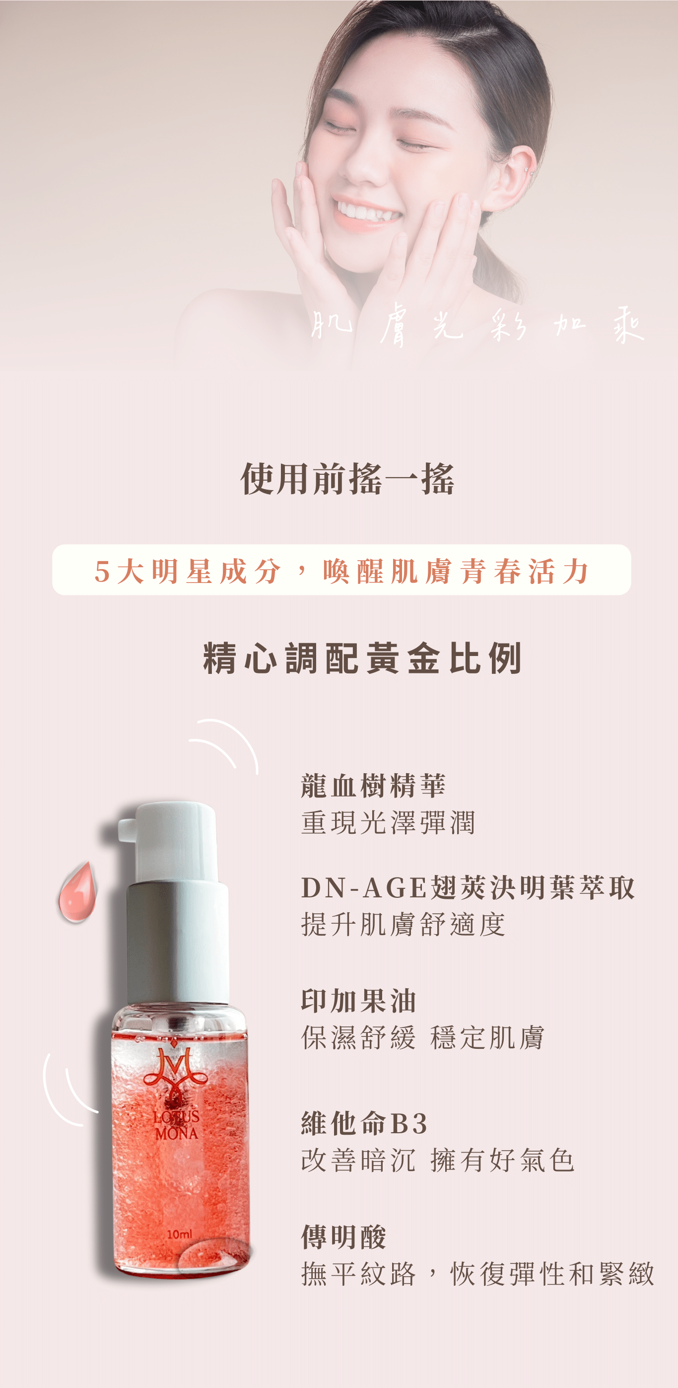 紅色奇激精華液 受眾：懷孕、有寶寶媽媽、懷孕肌膚乾燥、不喜歡黏膩感、不要香精味、懷孕肌膚泛紅、肌膚敏感有小傷口 族群：孕媽咪、媽媽、孕期產後 產品特色：修復、清爽、睡前保養、無香、泛紅敏感肌膚 1.可以幫助獲改善 2.產品簡介 3.如何使用 4.成分 5.好評分享 6.加乘推薦商品  標題：  陪伴媽咪各階段的養肌學  專屬於妳的精華液   1.可以幫助或改善  修護媽咪各階段的敏弱、乾燥、 提升防護力  孕期、產後肌膚常見的問題 1.懷孕期間敏弱與老化 2.皮膚變化較大，容易乾燥脫皮 3.產後肌膚失去彈性  天然成分 為肌膚全方位   2.產品簡介  肌膚光彩加乘 天然萃取 獨特雙層油水設計 水性保濕舒緩、油性滋養修護    龍血樹精華-修護高手，是南美洲的龍血樹樹脂所萃取，幫助提高皮膚光澤和彈性 印加果油-肌膚保濕大師，印加果油是極少數的親水性植物油，滲透性相當好，質地保濕   3.如何使用   睡前1分鐘 隔日完美一整天 搖晃瓶子使雙層成分均勻混合，協同效果更佳 完整清潔臉部後，擦上化妝水後使用 ✅孕期-調理敏弱 ✅產後-快速保養     4.成分    精心調配黃金比例 龍血樹精華、DN-AGE-修護肌膚、使肌膚恢復活力光澤 乙基維他命C、維他命B3-改善暗沉，擁有好氣色 傳明酸-撫平紋路，使肌膚恢復彈性和緊緻 印加果油、神經醯胺-保濕舒緩，穩定肌膚  5.好評分享  小姐1 -不黏膩好吸收-懷孕過程一直再挑選質地好吸收的精華液，第一次用就愛上，已經回購好幾次了  小姐2 -沒有香精味不擔心-很多保養品都有很濃郁的香氣，懷孕期間只挑無香精的  小姐3 -擦了不刺痛-我皮膚很乾、敏弱，容易有一顆一顆，擦了這個可以舒緩。  小姐4 -只要一下下-產後帶小孩真的沒有時間保養，洗完澡後我都用這瓶保養，超方便，推薦給大家  7.加乘推薦商品  孕期   24保濕彈潤面膜+紅色奇蹟精華液 懷孕期間皮膚變化較大，肌膚較為敏弱，容易乾燥脫皮、紅紅的 「面膜+精華液」呵護更全面，讓肌膚恢復彈潤光澤。  產後  24保濕彈潤面膜+紅色奇蹟精華液+沙漠之泉保濕精華液 產後睡眠品質下降，皮脂分泌減少，膠原蛋白流失，使用「面膜+雙精華液」能修護敏弱肌膚，加強緊緻的效果，兩支精華液交替補足水分，替肌膚穿上一層防護。