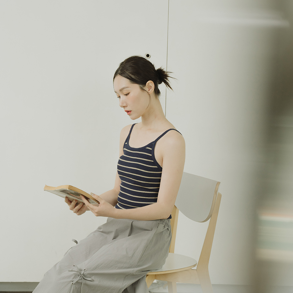 Colorblocked Horizontal Knit Spaghetti Strap Vest-Dark Blue【01013290】in stock+pre-order