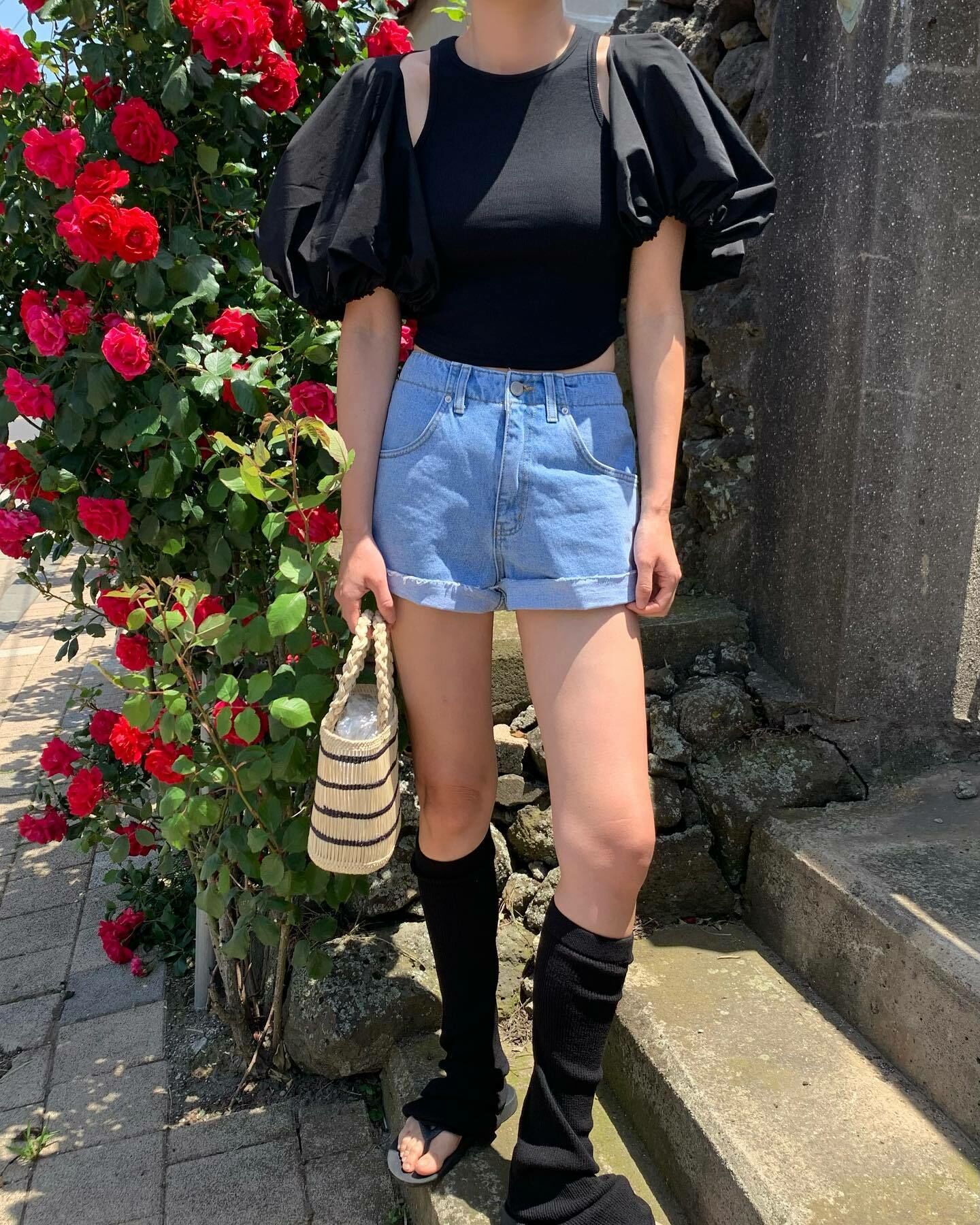 東大門設計款 背心+泡泡袖(2件組)(黑/白)