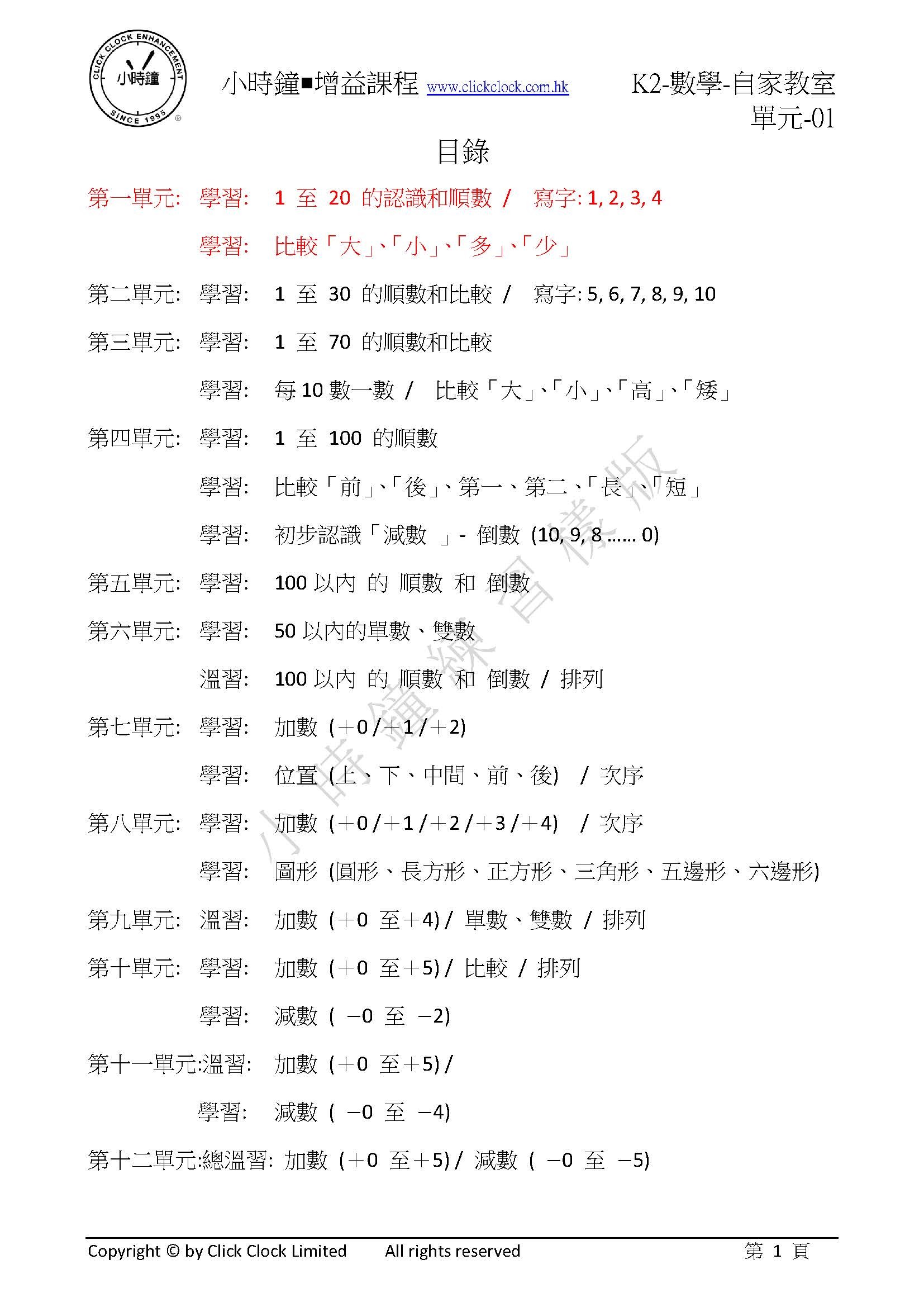 (K2M)  自家教室 數學 K2 第一單元