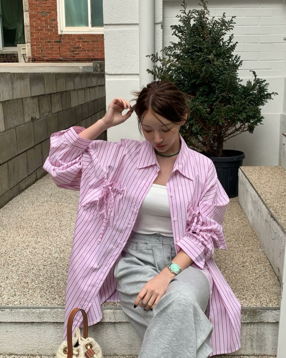 東大門高貨 條紋寬鬆襯衫(粉/藍)