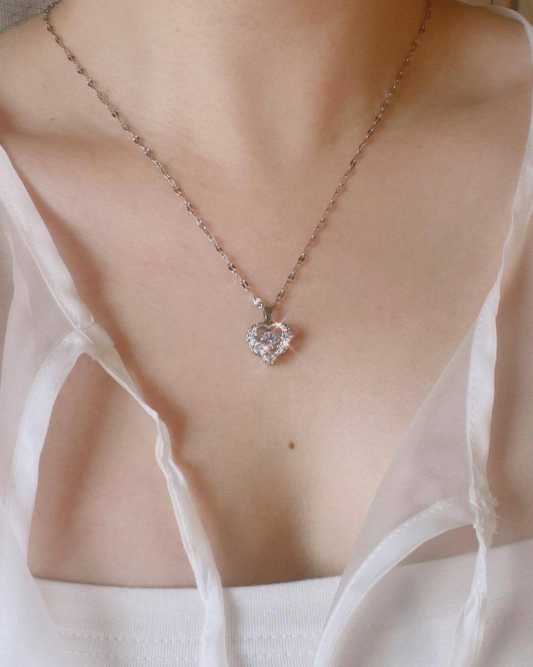 愛心項鍊, 項鍊, 鈦鋼, 醫療鋼, 天使翅膀, 水波鍊, 單鑽, 靈動項鍊