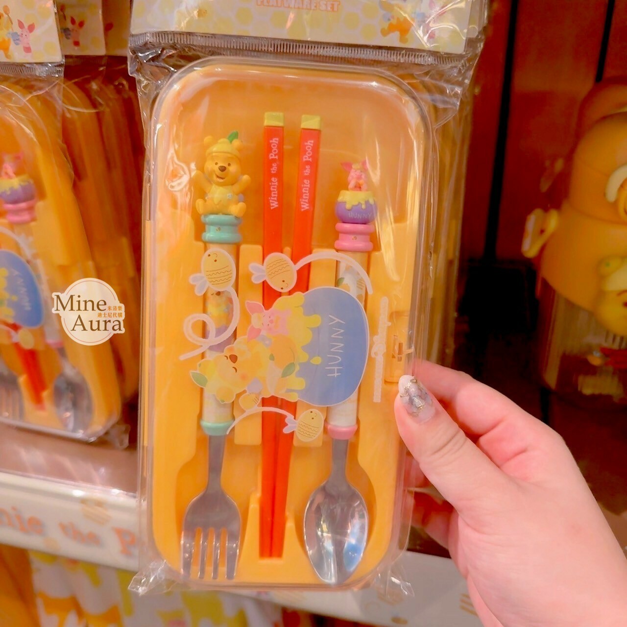 春日系列 小熊維尼 Winnie the Pooh 小豬 皮傑 piglet 立體造型 叉子+湯匙+筷子 餐具 收納盒 組 -香港迪士尼樂園