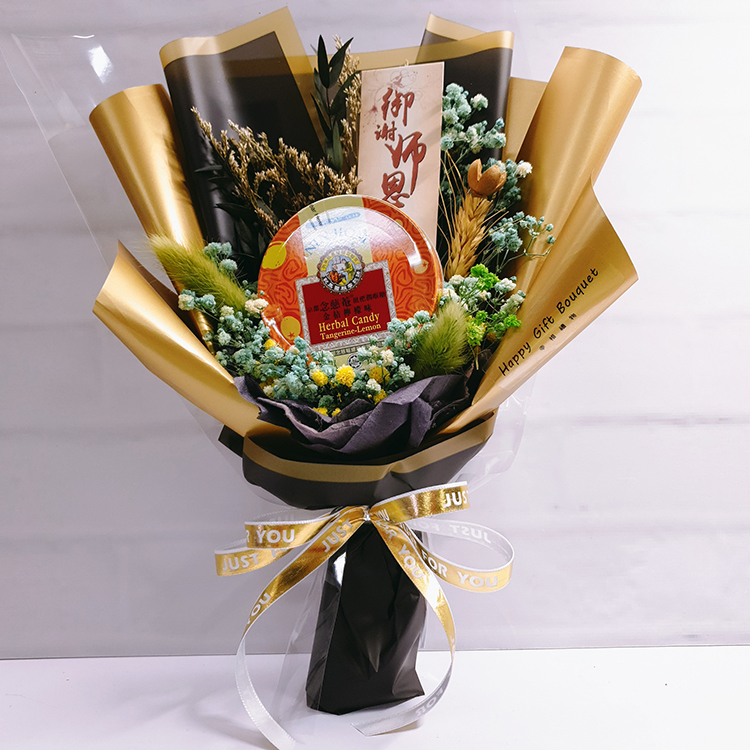 綠色京都念慈菴喉糖乾燥花花束,教師節花束,送老師的花束,NIN JIOM Herbal Candy bouquet