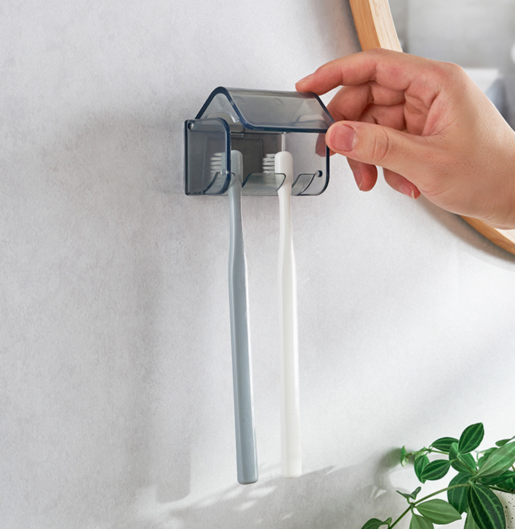 Bathroom double-ended toothbrush holder (sheer gray) (size 7*4*4cm)