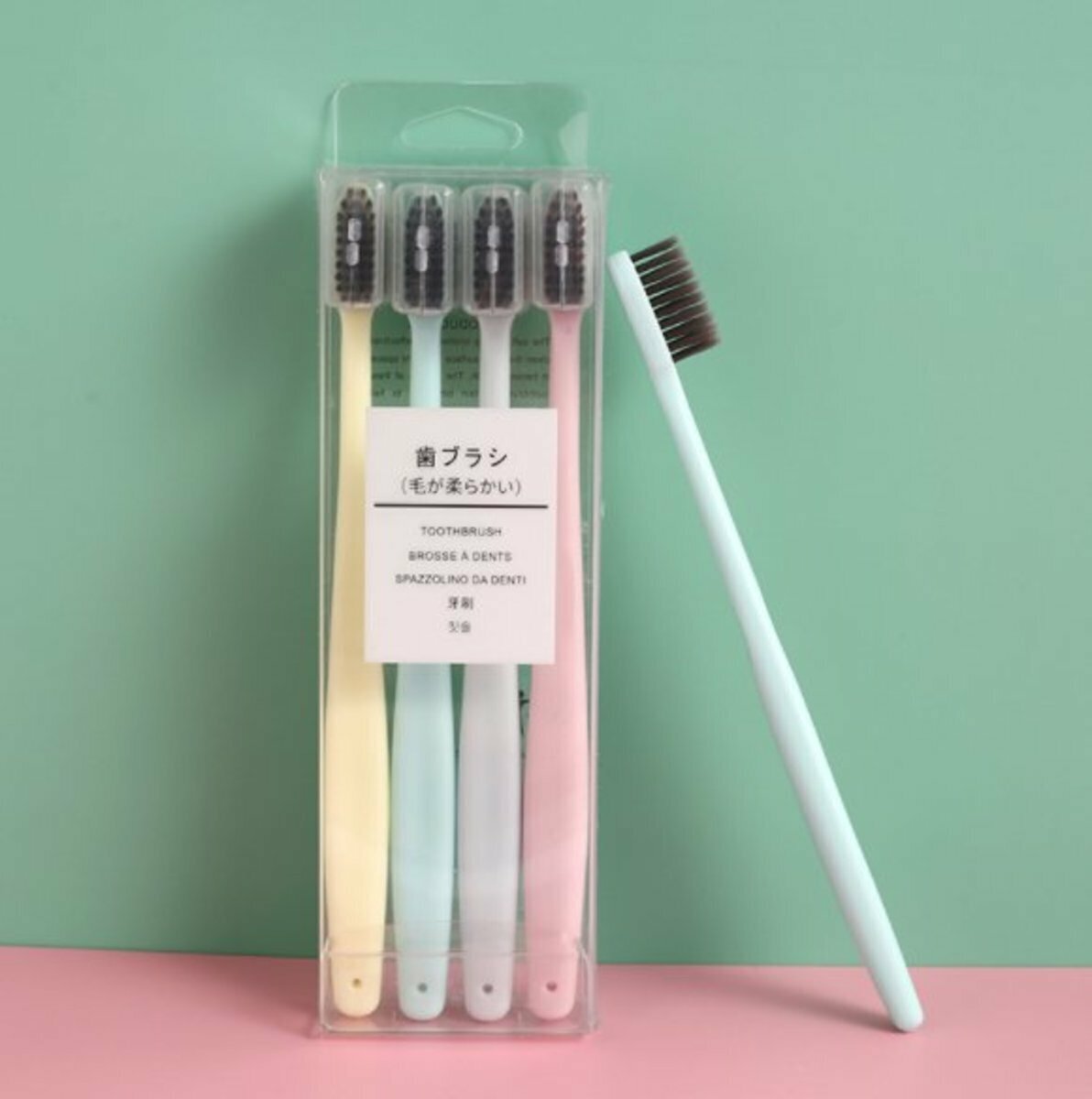 Japanese Macaron Series Charcoal Adult Family Toothbrush (4pcs - Fine Soft Bristles)