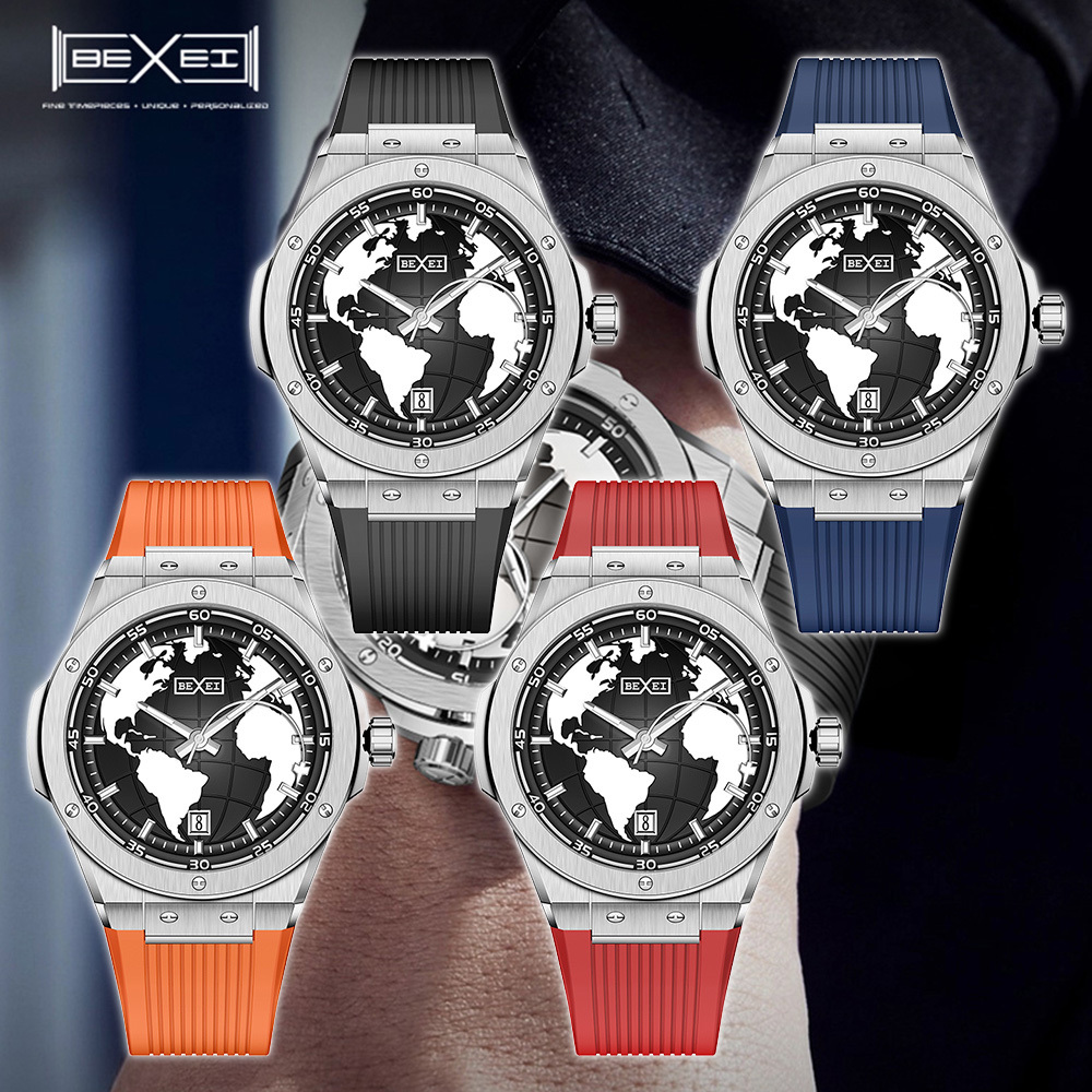 (預購)【BEXEI 貝克斯】9136 世界地圖 戰鬥機 指針 藍寶石水晶 不鏽鋼 橡膠錶帶  自動機械錶 手錶
