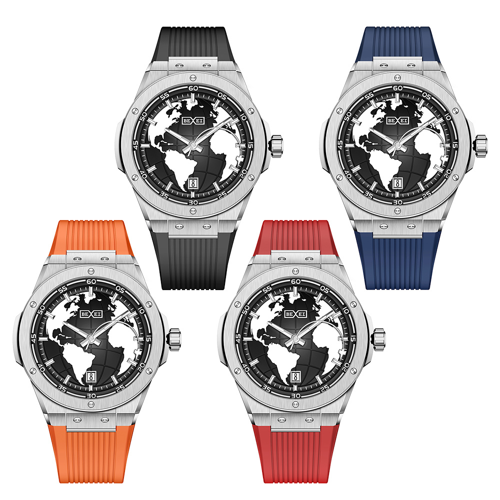 (預購)【BEXEI 貝克斯】9136 世界地圖 戰鬥機 指針 藍寶石水晶 不鏽鋼 橡膠錶帶  自動機械錶 手錶