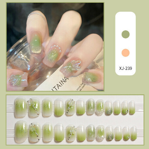 新款穿戴甲美甲甲片【貓眼極光綠蝴蝶（果凍膠款）】