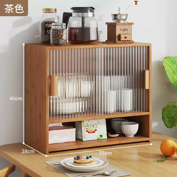 爆款楠竹實木家具 厨櫃 茶杯架 多層收納櫃【55cm+推拉門】茶色
