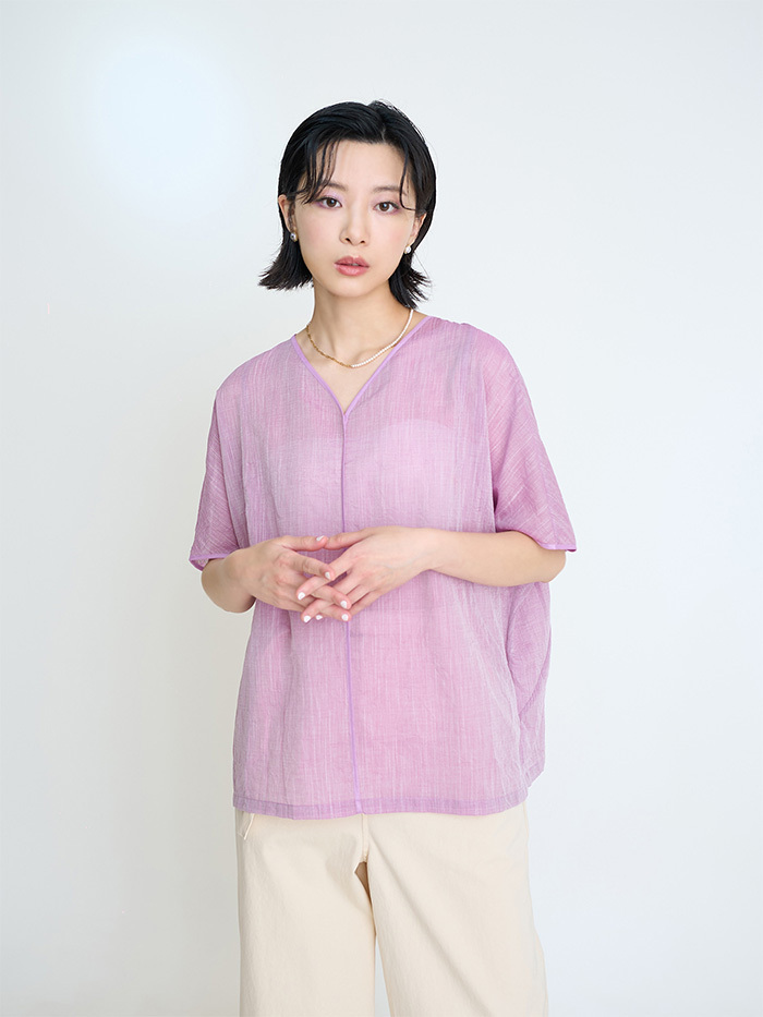 微風V型滾邊罩衫-桂花