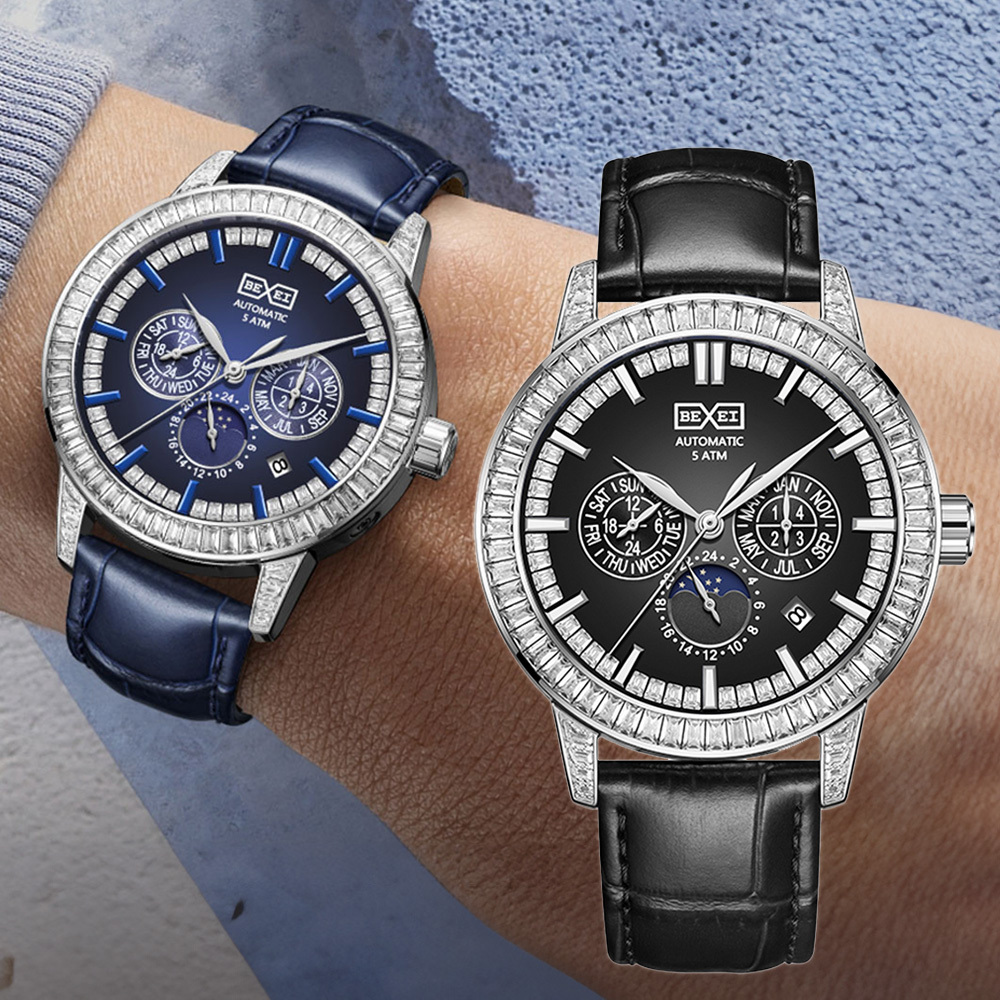 (預購)【BEXEI 貝克斯】9157 奢華高貴 卓越方鑽鑲嵌錶圈 三針三眼 日月星辰  星期月份 皮革錶帶 自動機械錶 手錶