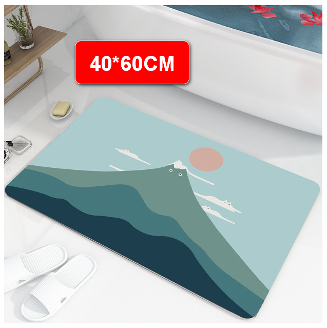 激抵珪藻土吸水軟地墊 - 珪藻土腳墊/浴室防滑吸水腳墊/廁所速乾地墊【顏色莫蘭迪—綠山貓 尺寸40*60CM】