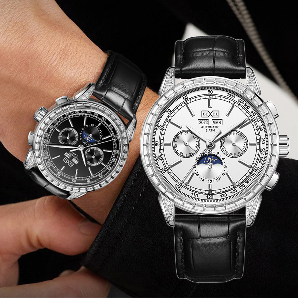 (預購)【BEXEI 貝克斯】9159 三針三眼 皓鑽鑲嵌 星期年月 型男時尚 奇幻 皮革錶帶 自動機械錶 手錶