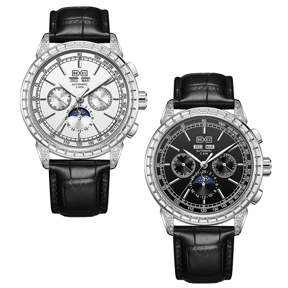 (預購)【BEXEI 貝克斯】9159 三針三眼 皓鑽鑲嵌 星期年月 型男時尚 奇幻 皮革錶帶 自動機械錶 手錶